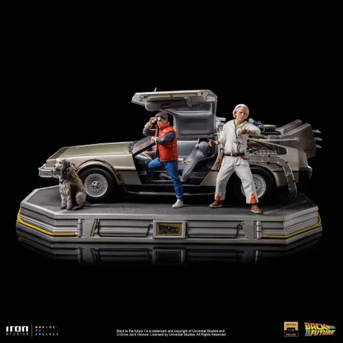 IRON STUDIOS BACK TO THE FUTURE DELOREAN MARTY & DOC WITH EINSTEIN FULL 1/10 SCALE SET